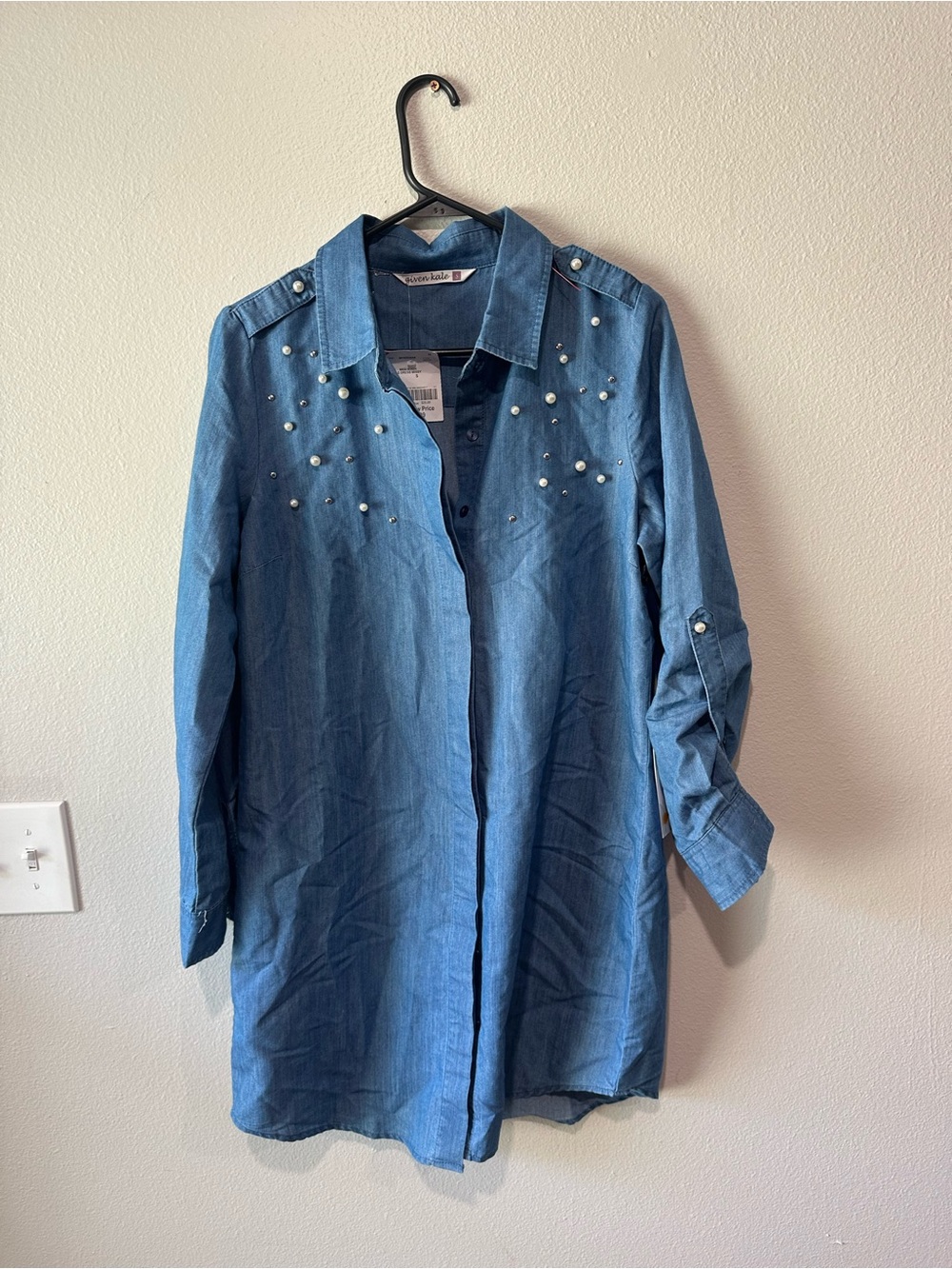 Pearl-Embellished Blue Denim Shirt Jacket